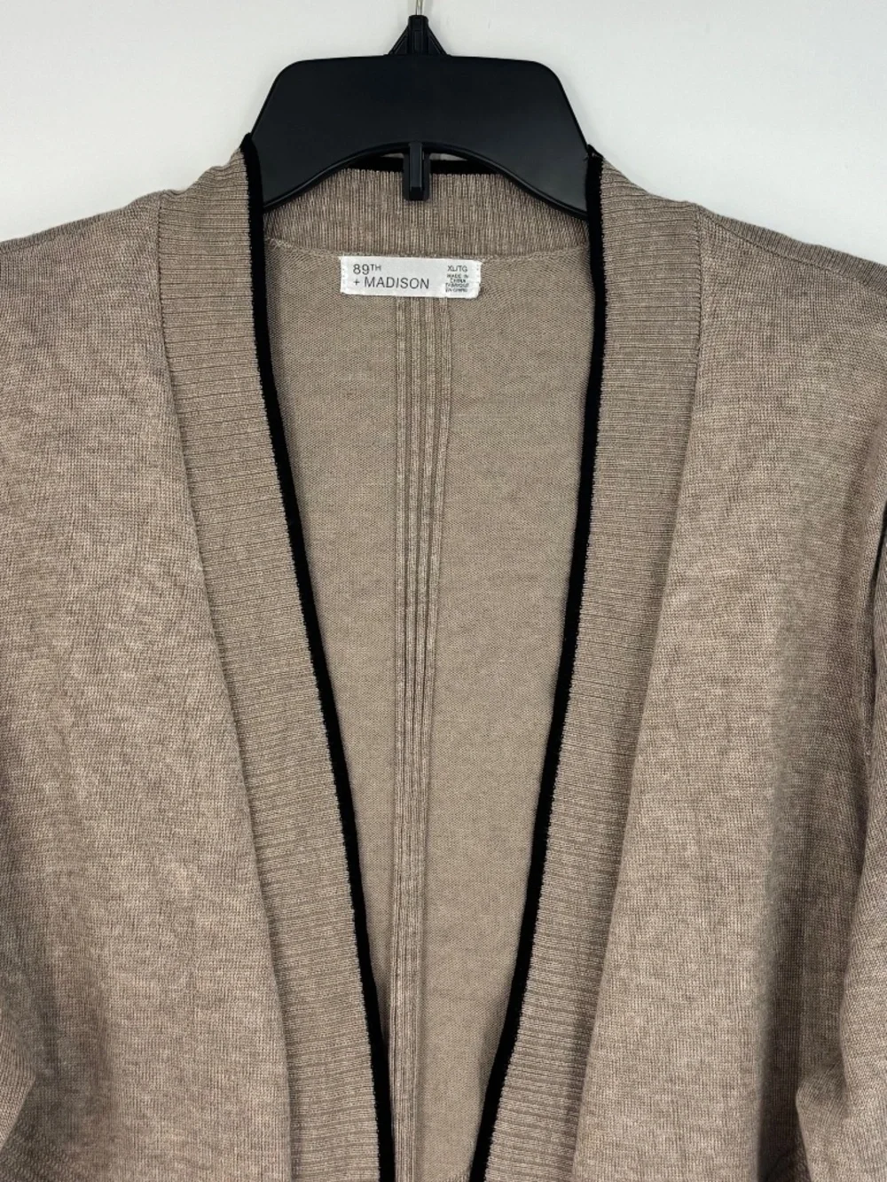 89th & Madison Womens XL Open Front Cardigan Sweater Taupe Heather Black Trim LS